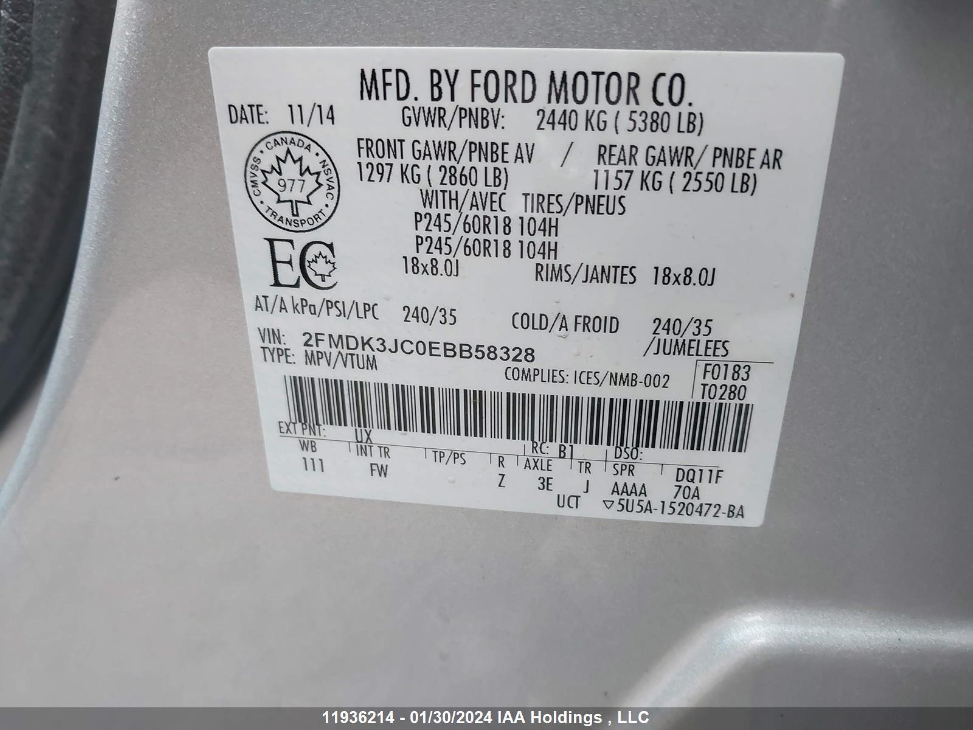 Photo 8 VIN: 2FMDK3JC0EBB58328 - FORD EDGE 