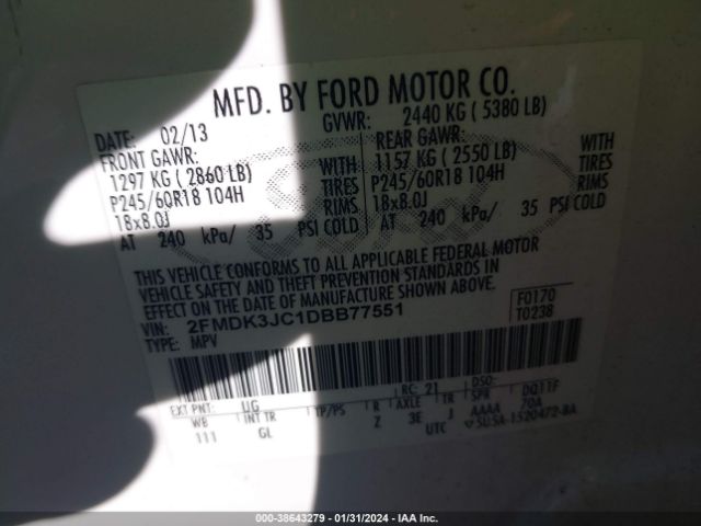 Photo 8 VIN: 2FMDK3JC1DBB77551 - FORD EDGE 