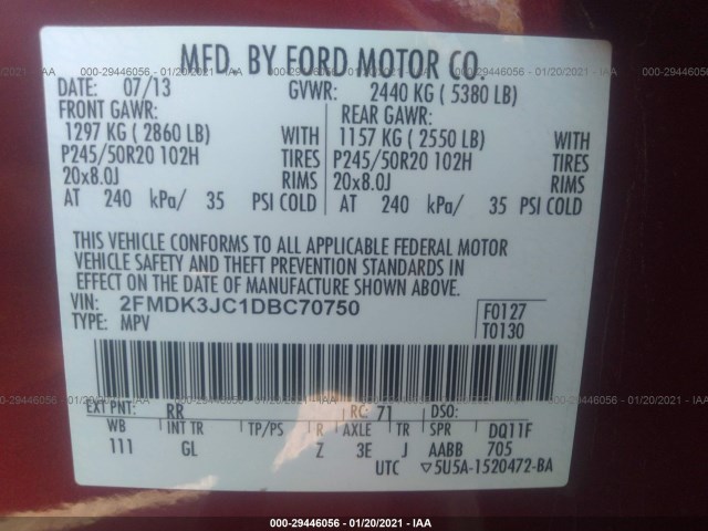 Photo 8 VIN: 2FMDK3JC1DBC70750 - FORD EDGE 