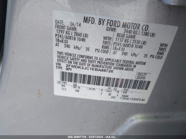 Photo 8 VIN: 2FMDK3JC1EBA88726 - FORD EDGE 