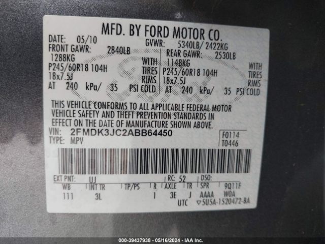 Photo 8 VIN: 2FMDK3JC2ABB64450 - FORD EDGE 