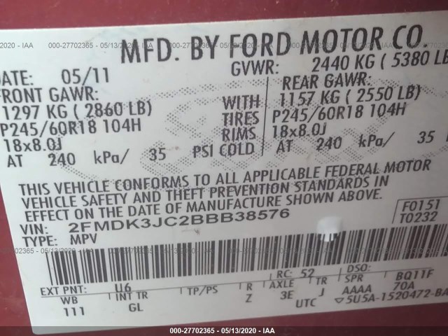 Photo 8 VIN: 2FMDK3JC2BBB38576 - FORD EDGE 