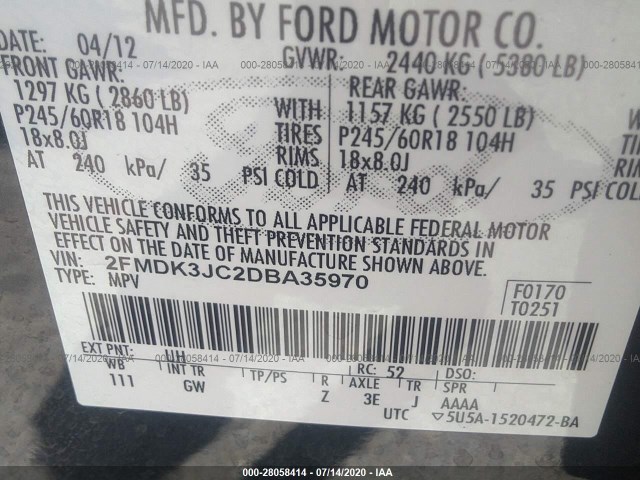 Photo 8 VIN: 2FMDK3JC2DBA35970 - FORD EDGE 