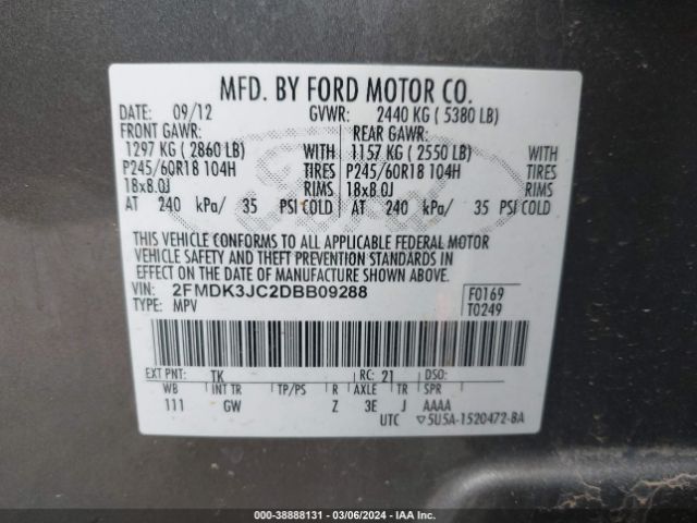 Photo 8 VIN: 2FMDK3JC2DBB09288 - FORD EDGE 