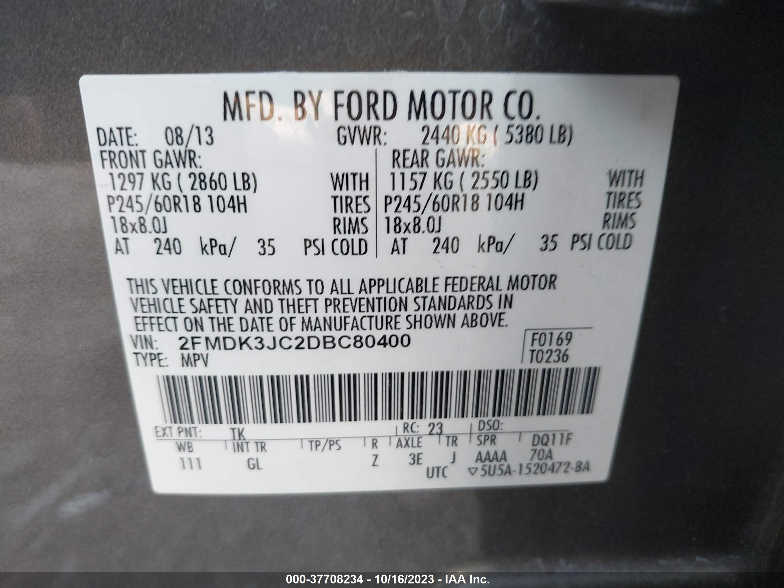 Photo 8 VIN: 2FMDK3JC2DBC80400 - FORD EDGE 