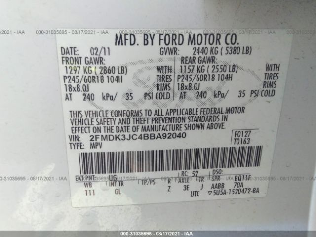 Photo 8 VIN: 2FMDK3JC4BBA92040 - FORD EDGE 