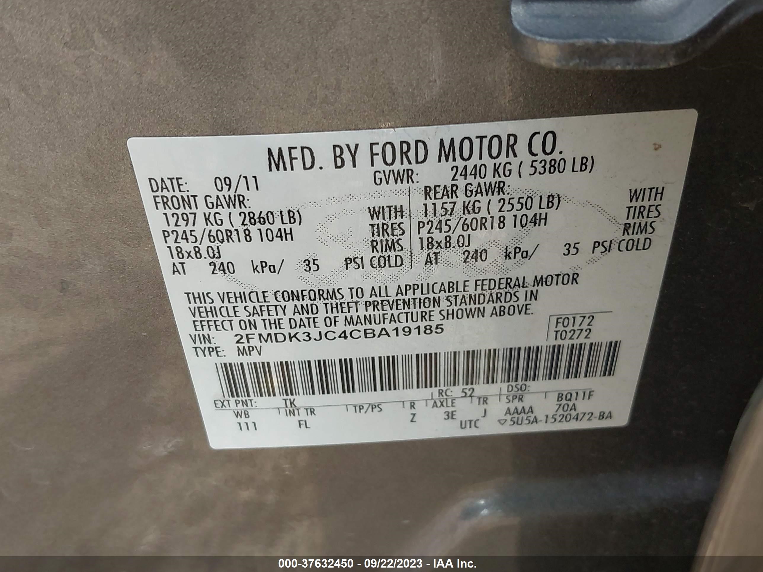 Photo 8 VIN: 2FMDK3JC4CBA19185 - FORD EDGE 