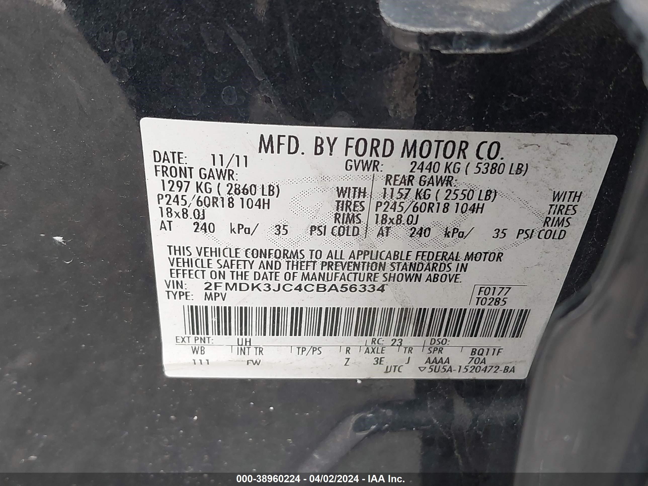 Photo 8 VIN: 2FMDK3JC4CBA56334 - FORD EDGE 