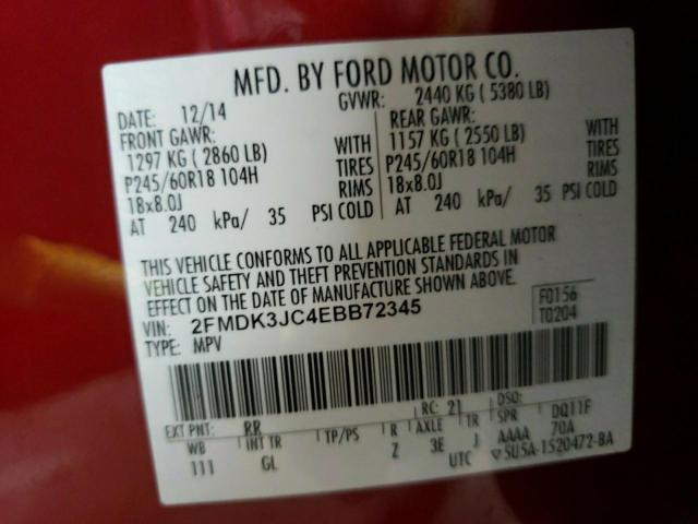 Photo 9 VIN: 2FMDK3JC4EBB72345 - FORD EDGE SEL 