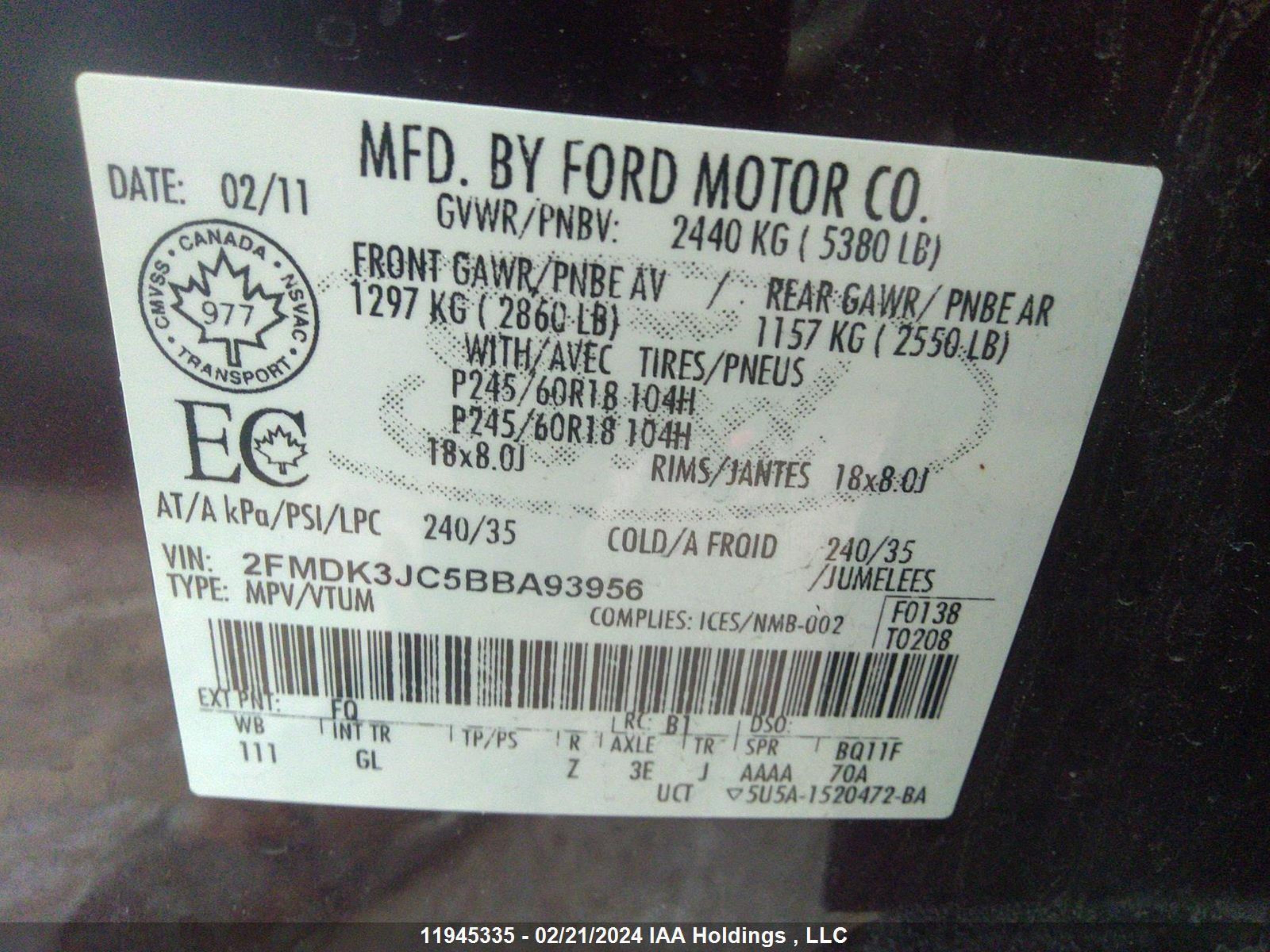 Photo 8 VIN: 2FMDK3JC5BBA93956 - FORD EDGE 