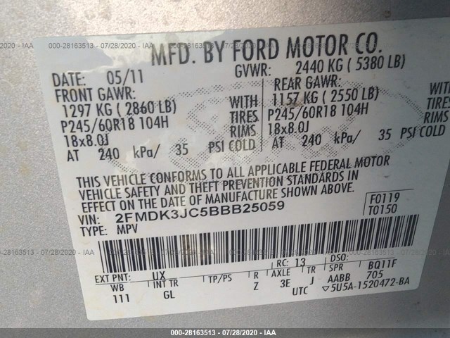 Photo 8 VIN: 2FMDK3JC5BBB25059 - FORD EDGE 