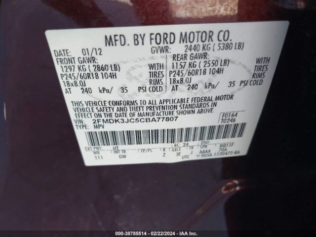 Photo 8 VIN: 2FMDK3JC5CBA77807 - FORD EDGE 