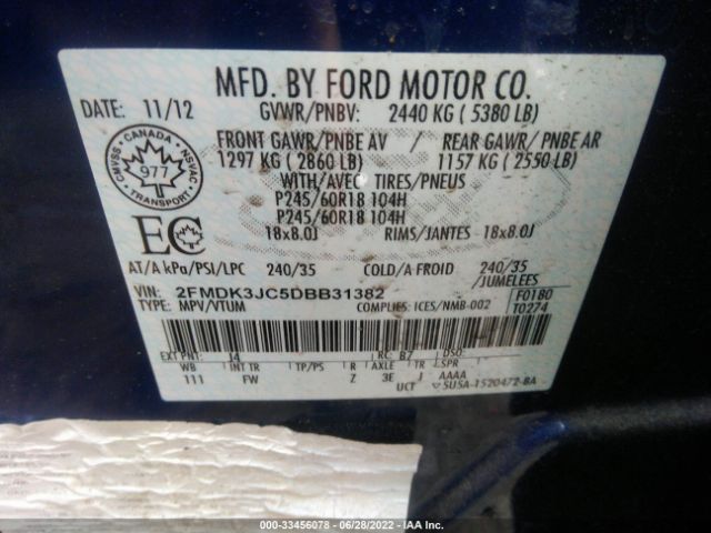 Photo 8 VIN: 2FMDK3JC5DBB31382 - FORD EDGE 