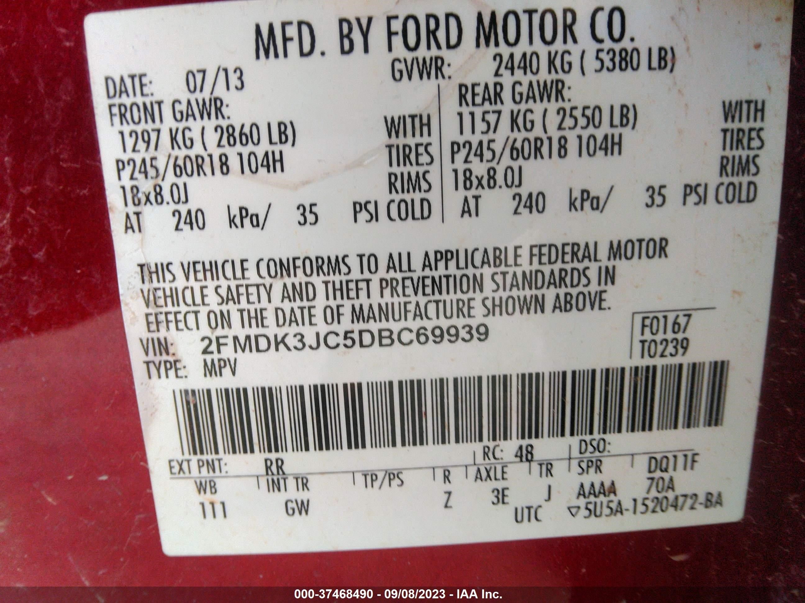 Photo 8 VIN: 2FMDK3JC5DBC69939 - FORD EDGE 