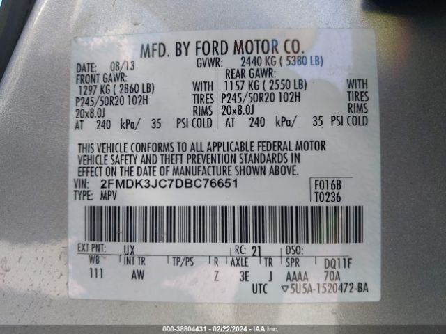 Photo 8 VIN: 2FMDK3JC7DBC76651 - FORD EDGE 