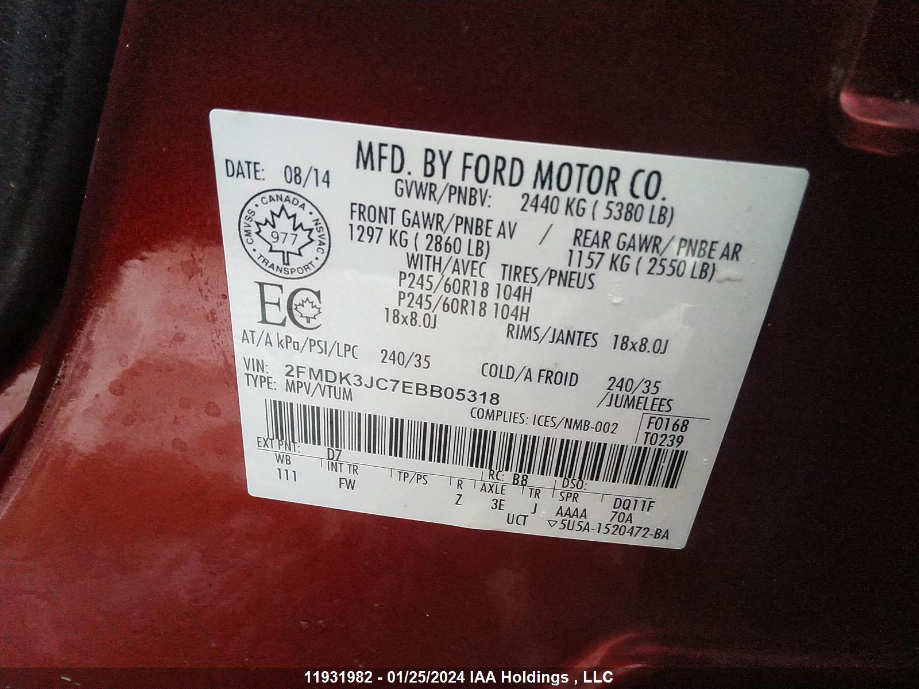 Photo 8 VIN: 2FMDK3JC7EBB05318 - FORD EDGE 