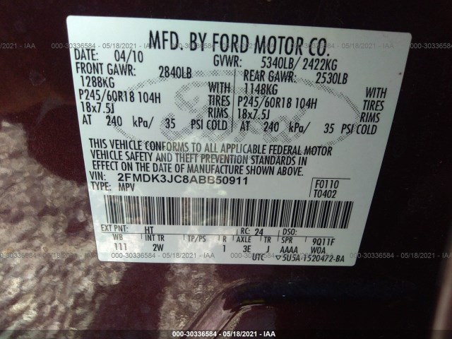 Photo 8 VIN: 2FMDK3JC8ABB50911 - FORD EDGE 