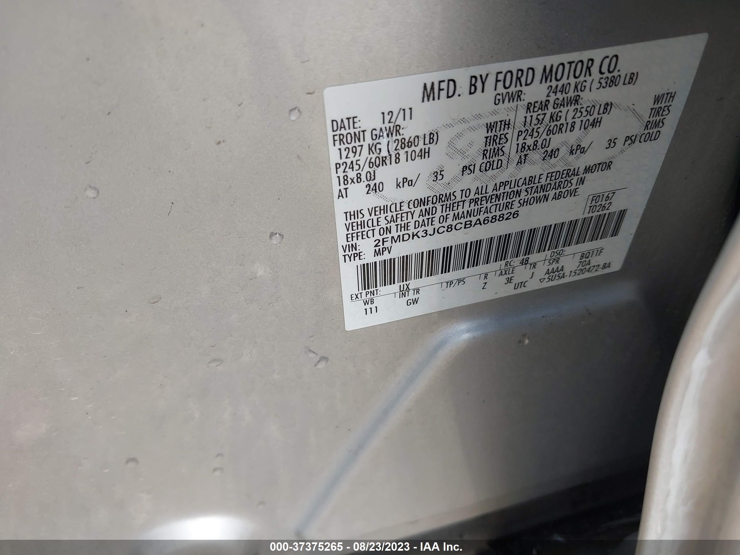 Photo 8 VIN: 2FMDK3JC8CBA68826 - FORD EDGE 