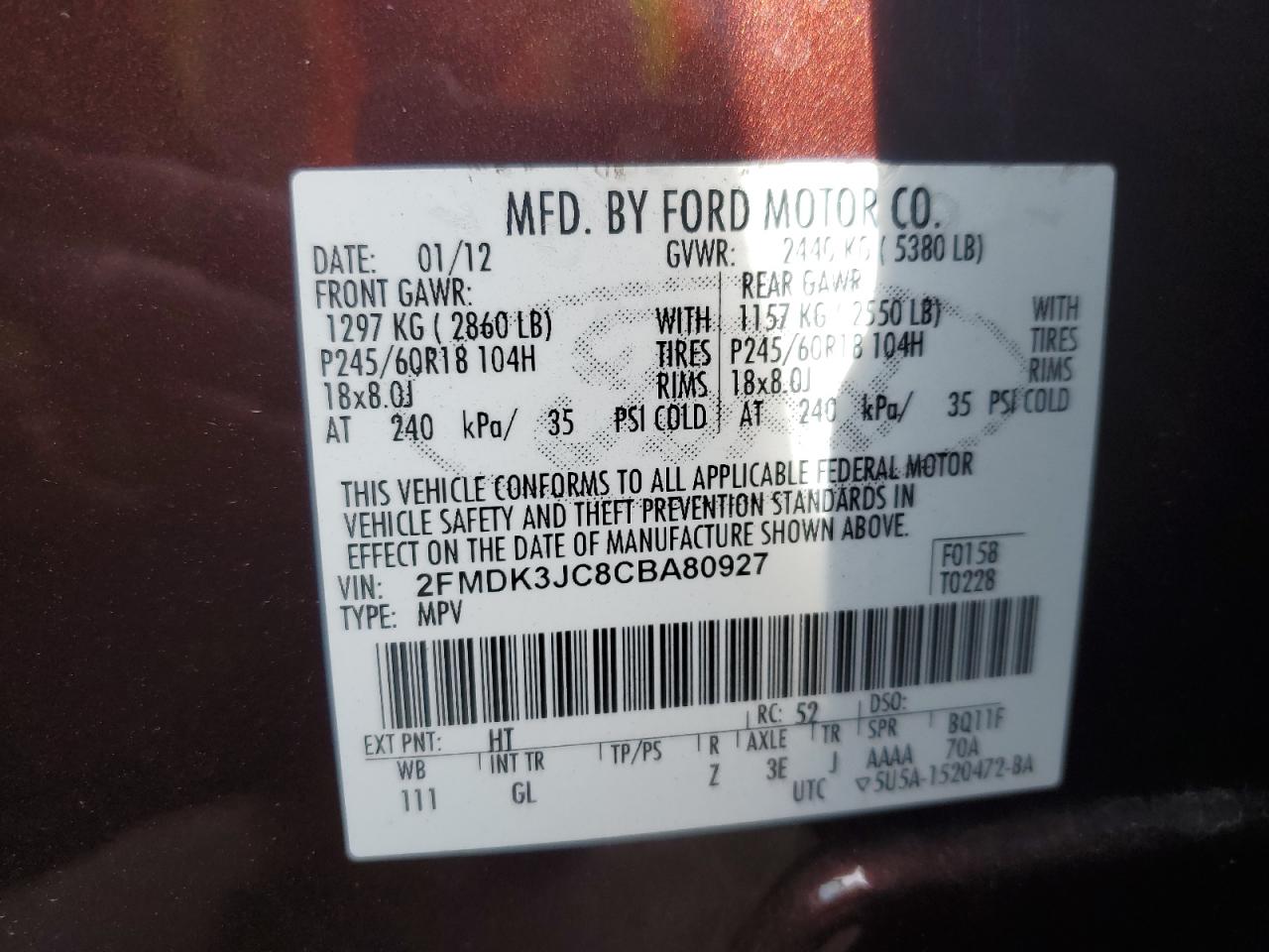 Photo 11 VIN: 2FMDK3JC8CBA80927 - FORD EDGE 