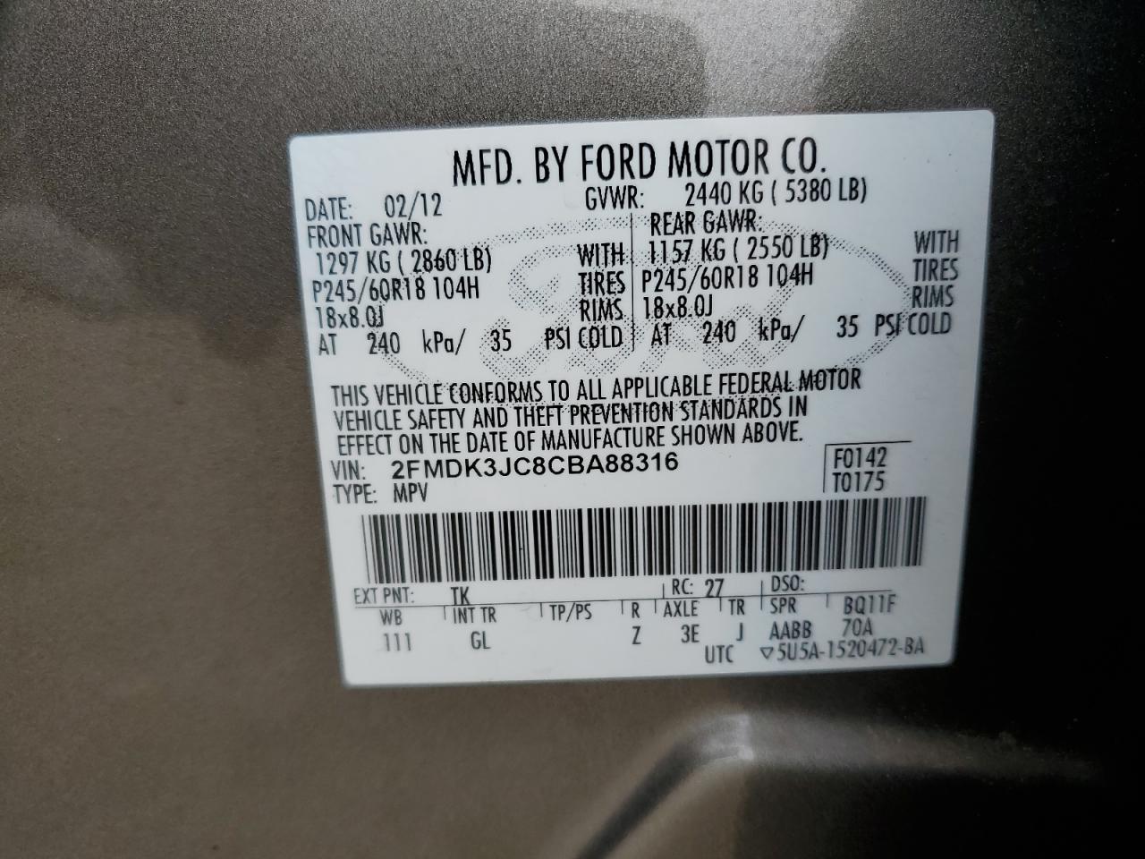 Photo 12 VIN: 2FMDK3JC8CBA88316 - FORD EDGE 