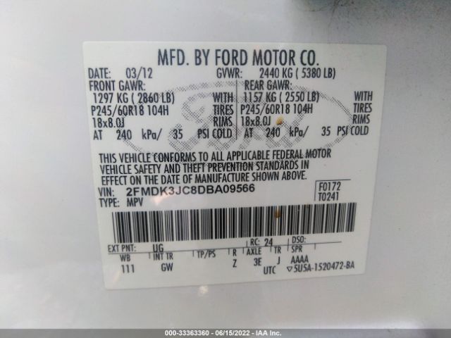 Photo 8 VIN: 2FMDK3JC8DBA09566 - FORD EDGE 