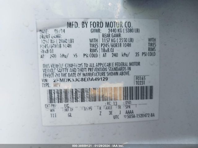 Photo 8 VIN: 2FMDK3JC8EBA49129 - FORD EDGE 