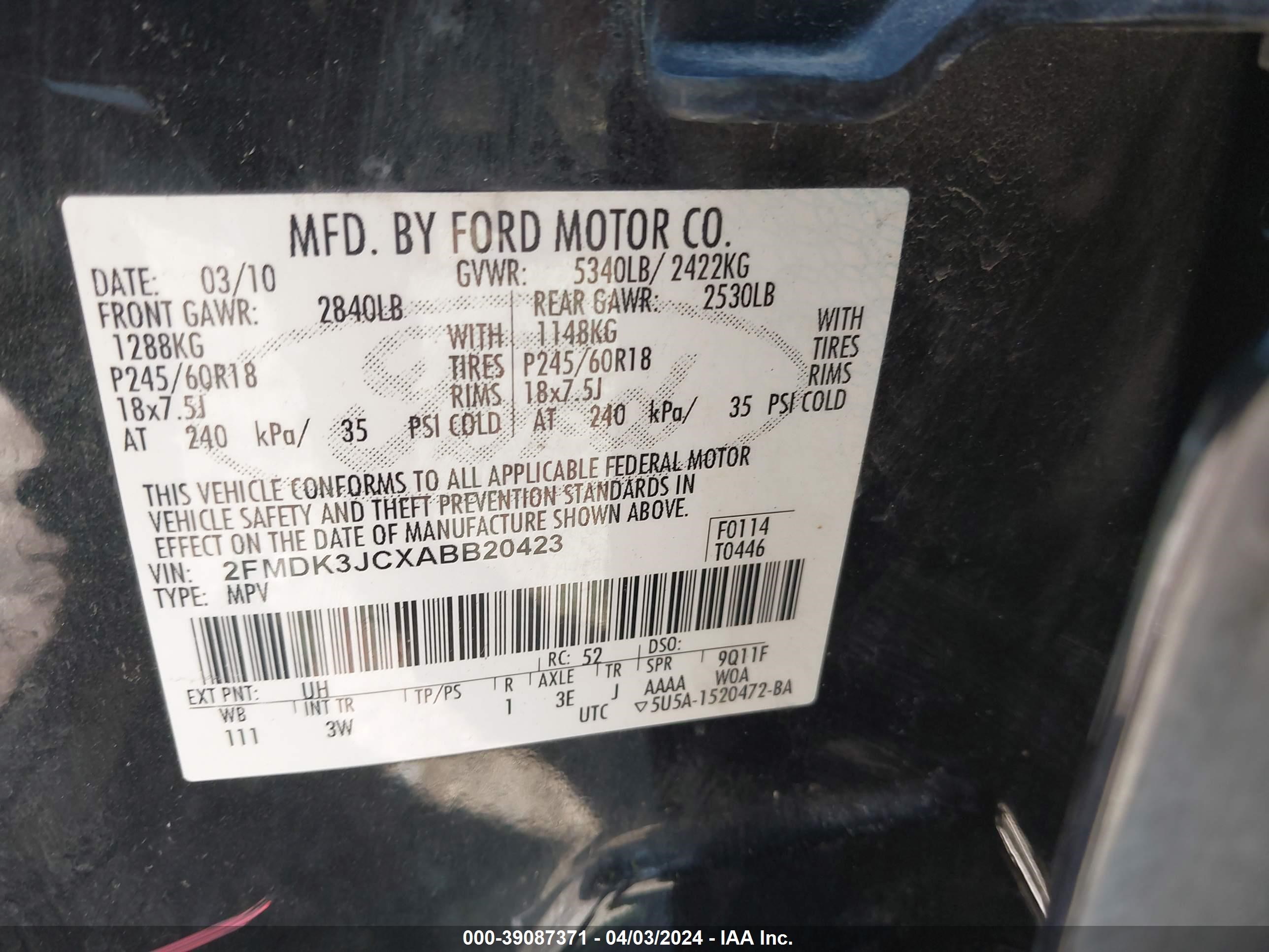 Photo 8 VIN: 2FMDK3JCXABB20423 - FORD EDGE 