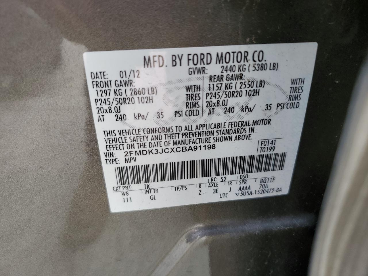 Photo 12 VIN: 2FMDK3JCXCBA91198 - FORD EDGE 