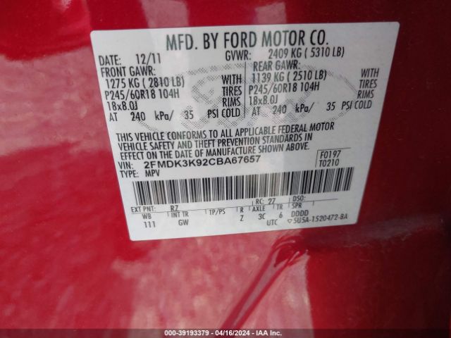 Photo 8 VIN: 2FMDK3K92CBA67657 - FORD EDGE 