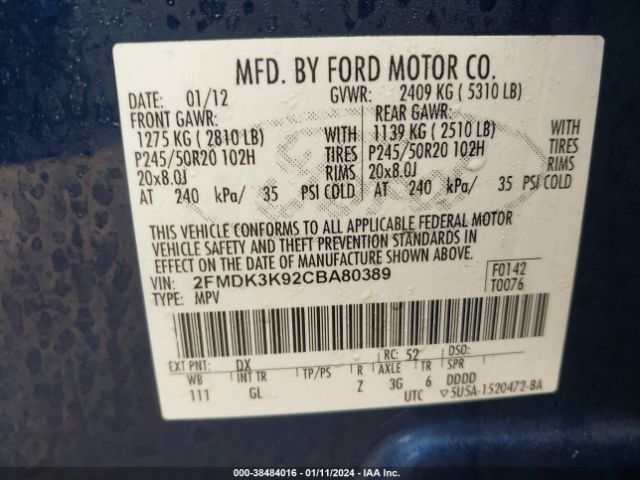 Photo 8 VIN: 2FMDK3K92CBA80389 - FORD EDGE 