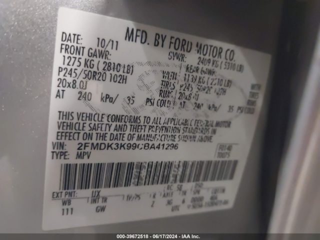 Photo 8 VIN: 2FMDK3K99CBA41296 - FORD EDGE 