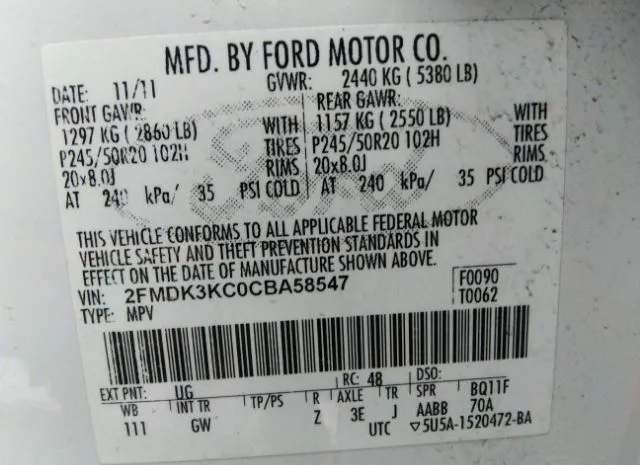 Photo 8 VIN: 2FMDK3KC0CBA58547 - FORD EDGE 