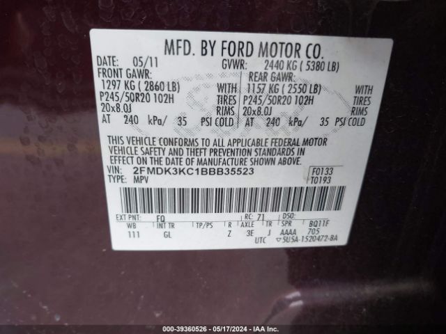 Photo 8 VIN: 2FMDK3KC1BBB35523 - FORD EDGE 