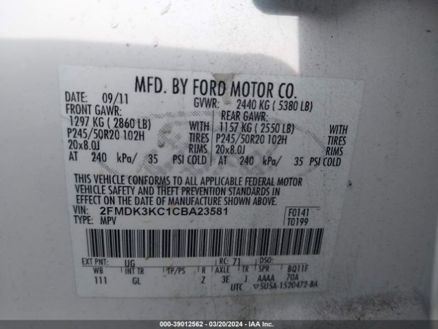 Photo 8 VIN: 2FMDK3KC1CBA23581 - FORD EDGE 