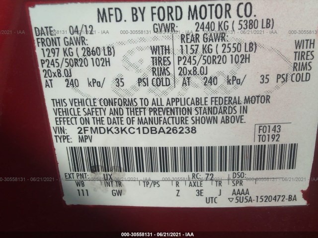 Photo 8 VIN: 2FMDK3KC1DBA26238 - FORD EDGE 