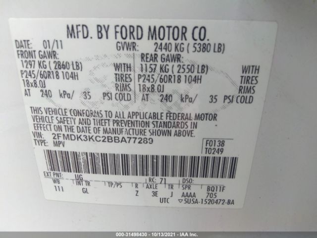 Photo 8 VIN: 2FMDK3KC2BBA77289 - FORD EDGE 