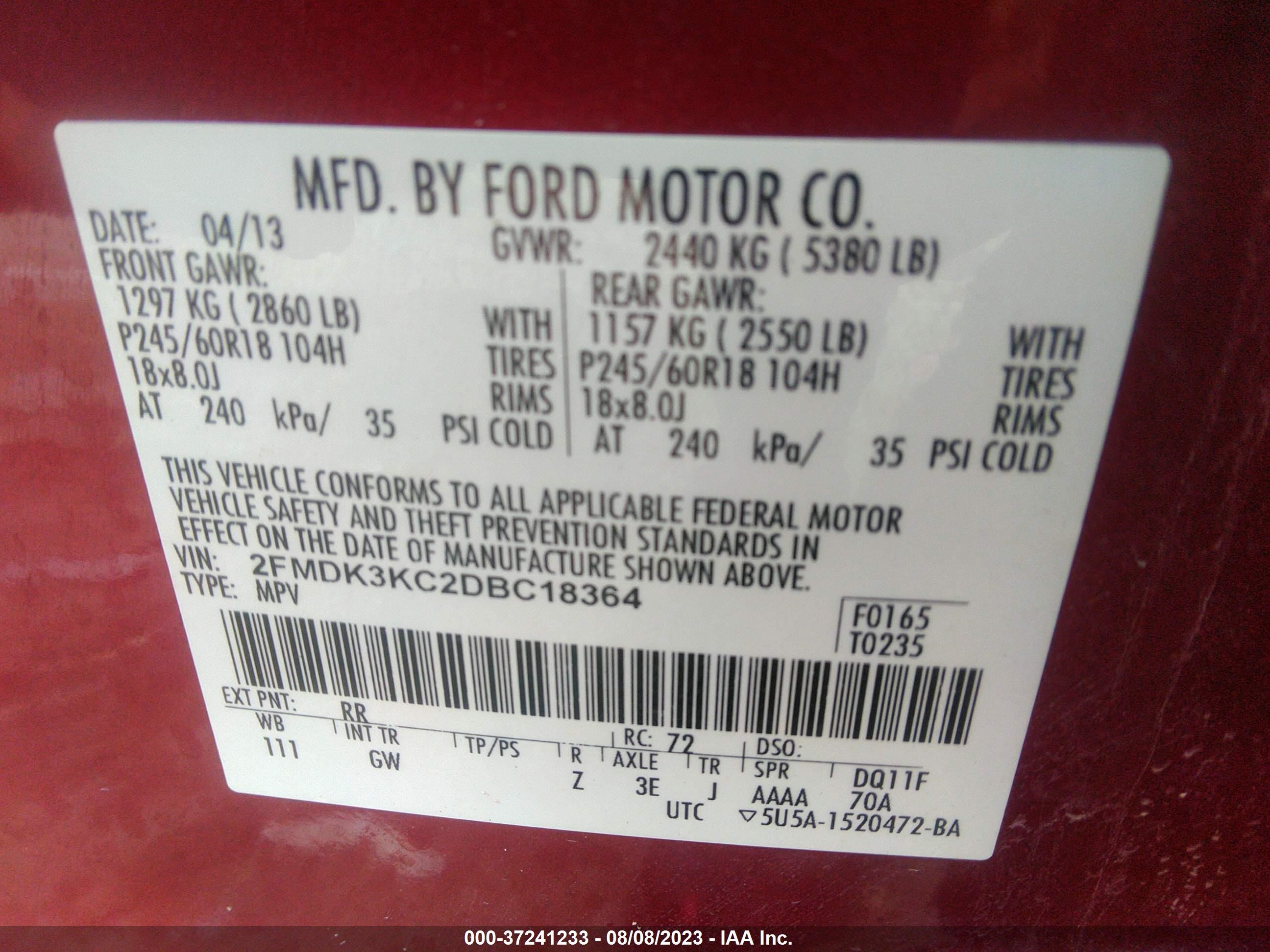 Photo 8 VIN: 2FMDK3KC2DBC18364 - FORD EDGE 