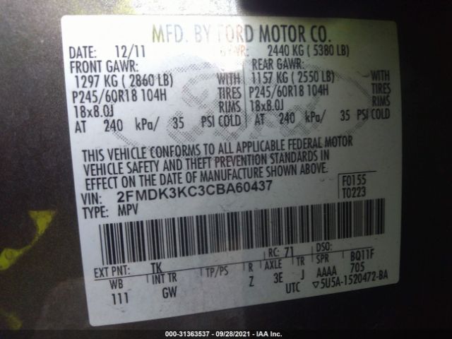 Photo 8 VIN: 2FMDK3KC3CBA60437 - FORD EDGE 