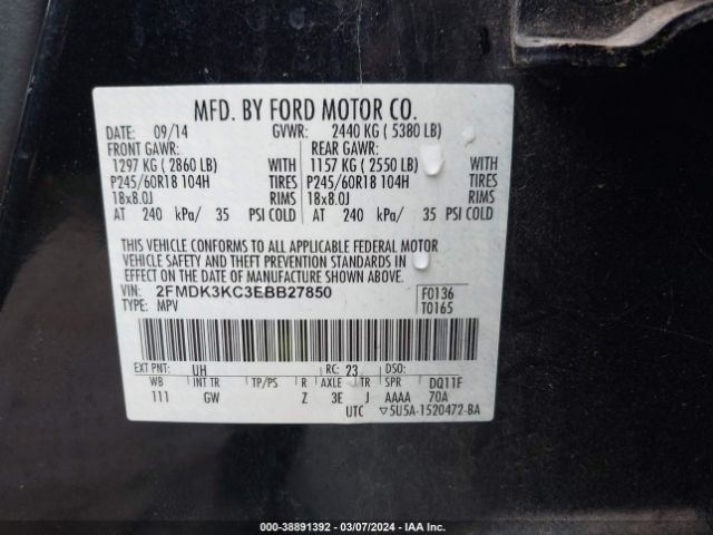 Photo 8 VIN: 2FMDK3KC3EBB27850 - FORD EDGE 