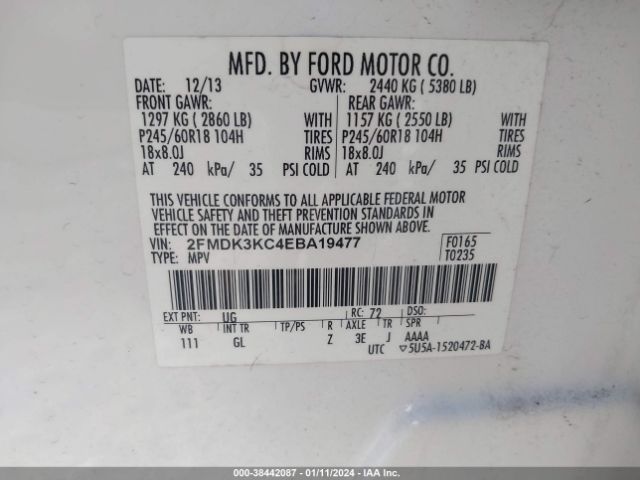 Photo 8 VIN: 2FMDK3KC4EBA19477 - FORD EDGE 