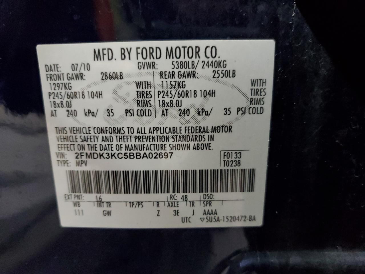 Photo 12 VIN: 2FMDK3KC5BBA02697 - FORD EDGE 