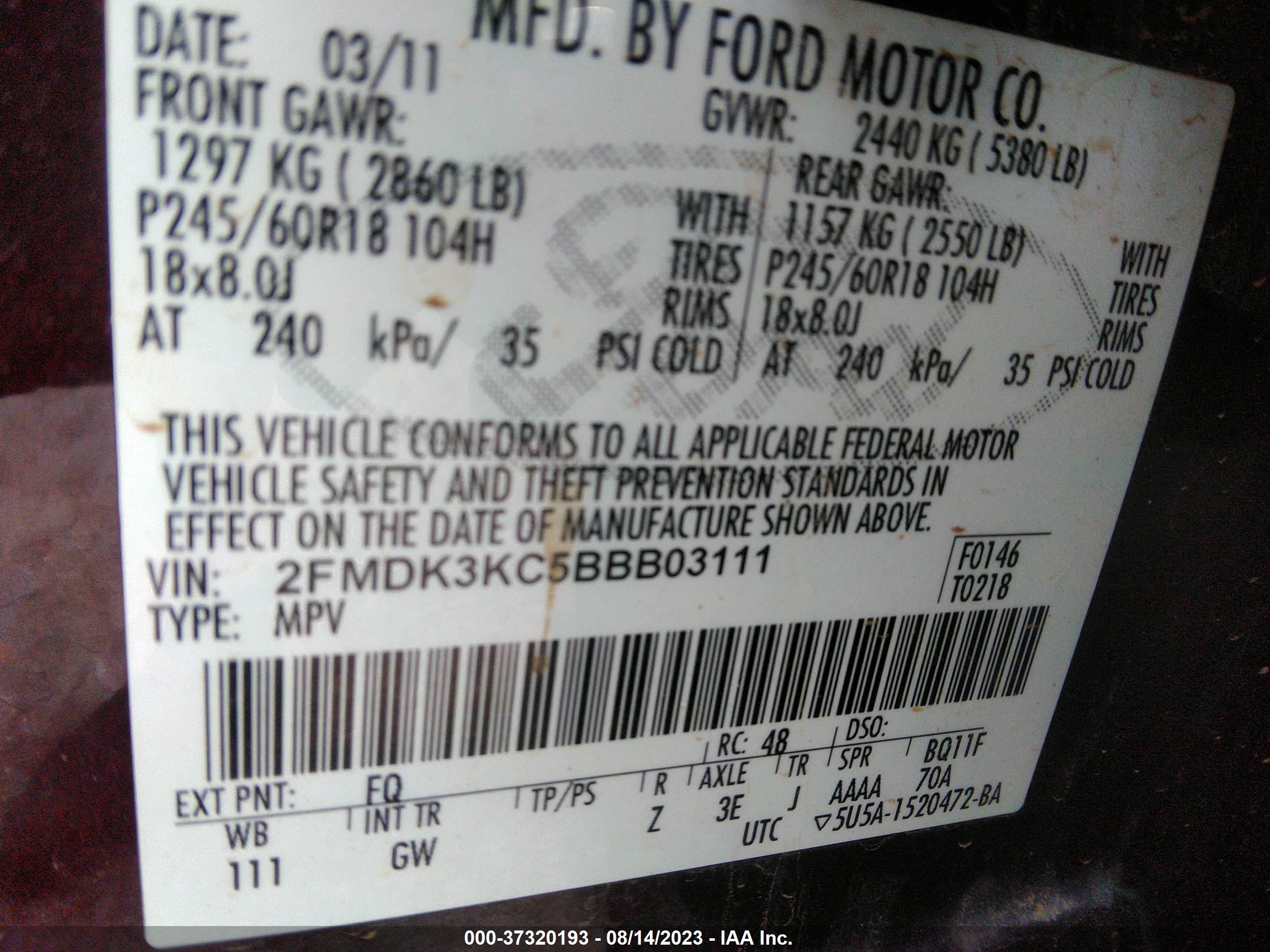 Photo 8 VIN: 2FMDK3KC5BBB03111 - FORD EDGE 