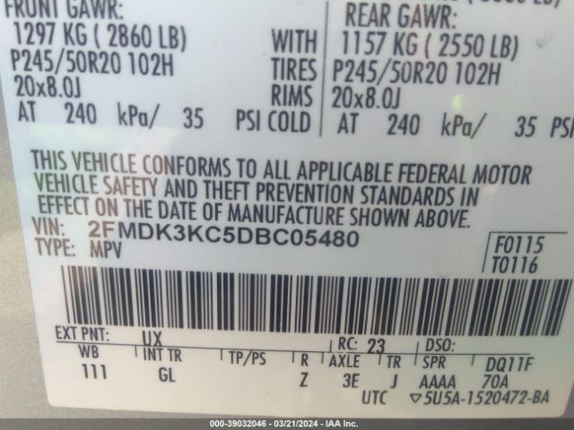 Photo 8 VIN: 2FMDK3KC5DBC05480 - FORD EDGE 