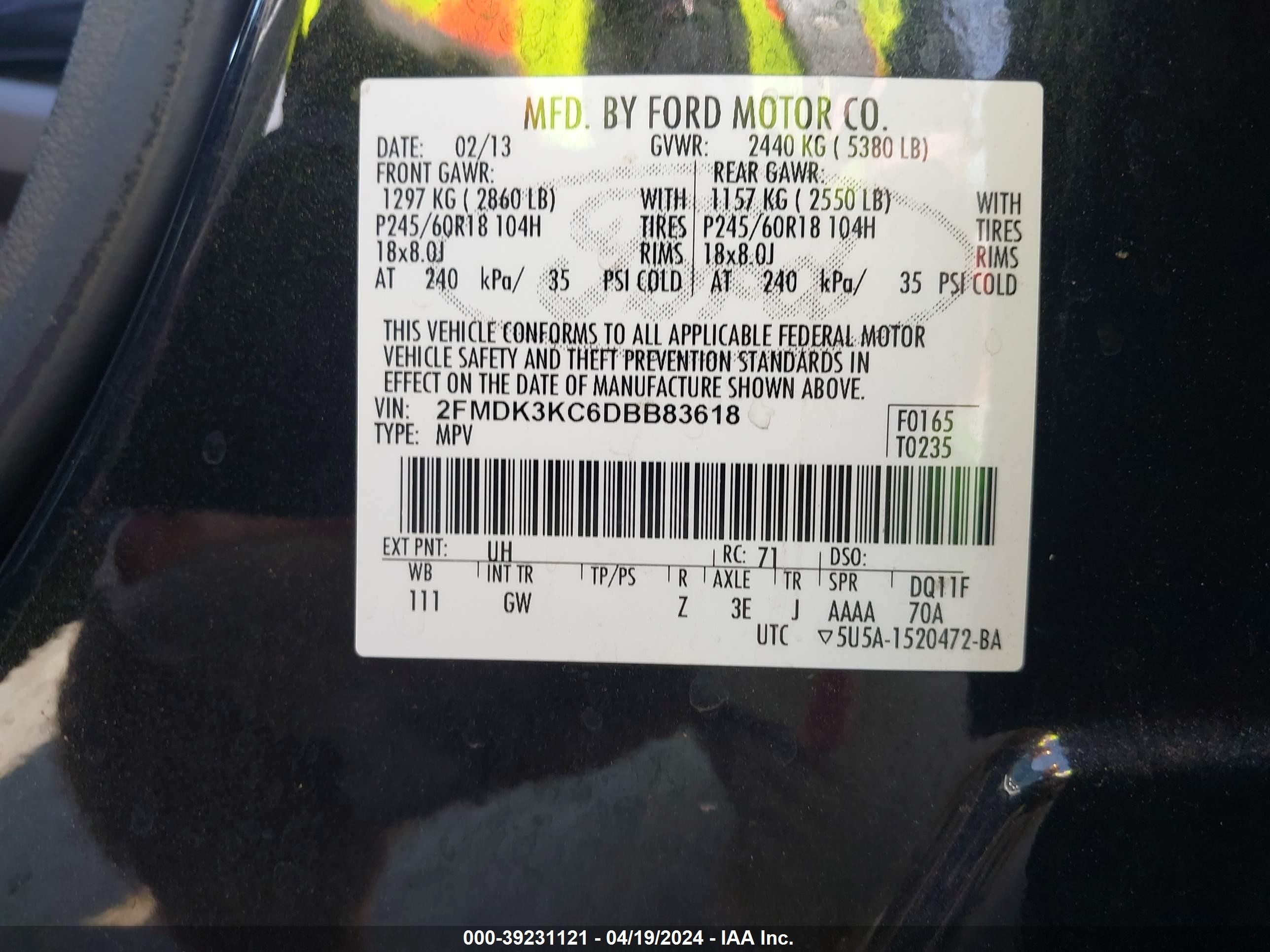 Photo 8 VIN: 2FMDK3KC6DBB83618 - FORD EDGE 