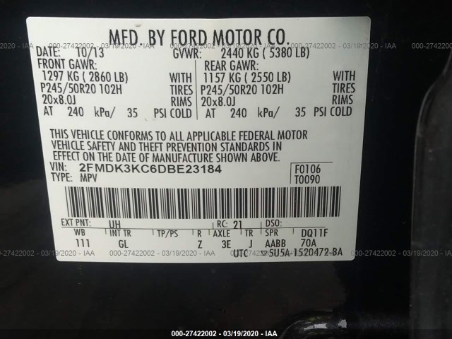 Photo 8 VIN: 2FMDK3KC6DBE23184 - FORD EDGE 