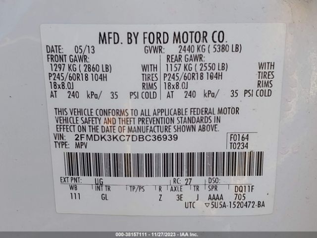 Photo 8 VIN: 2FMDK3KC7DBC36939 - FORD EDGE 