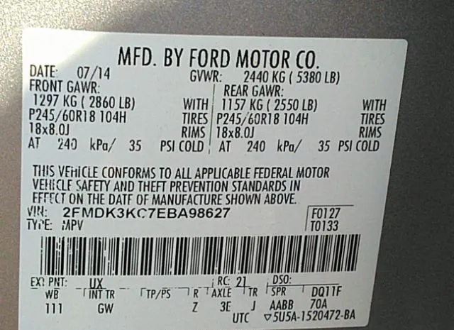 Photo 8 VIN: 2FMDK3KC7EBA98627 - FORD EDGE 