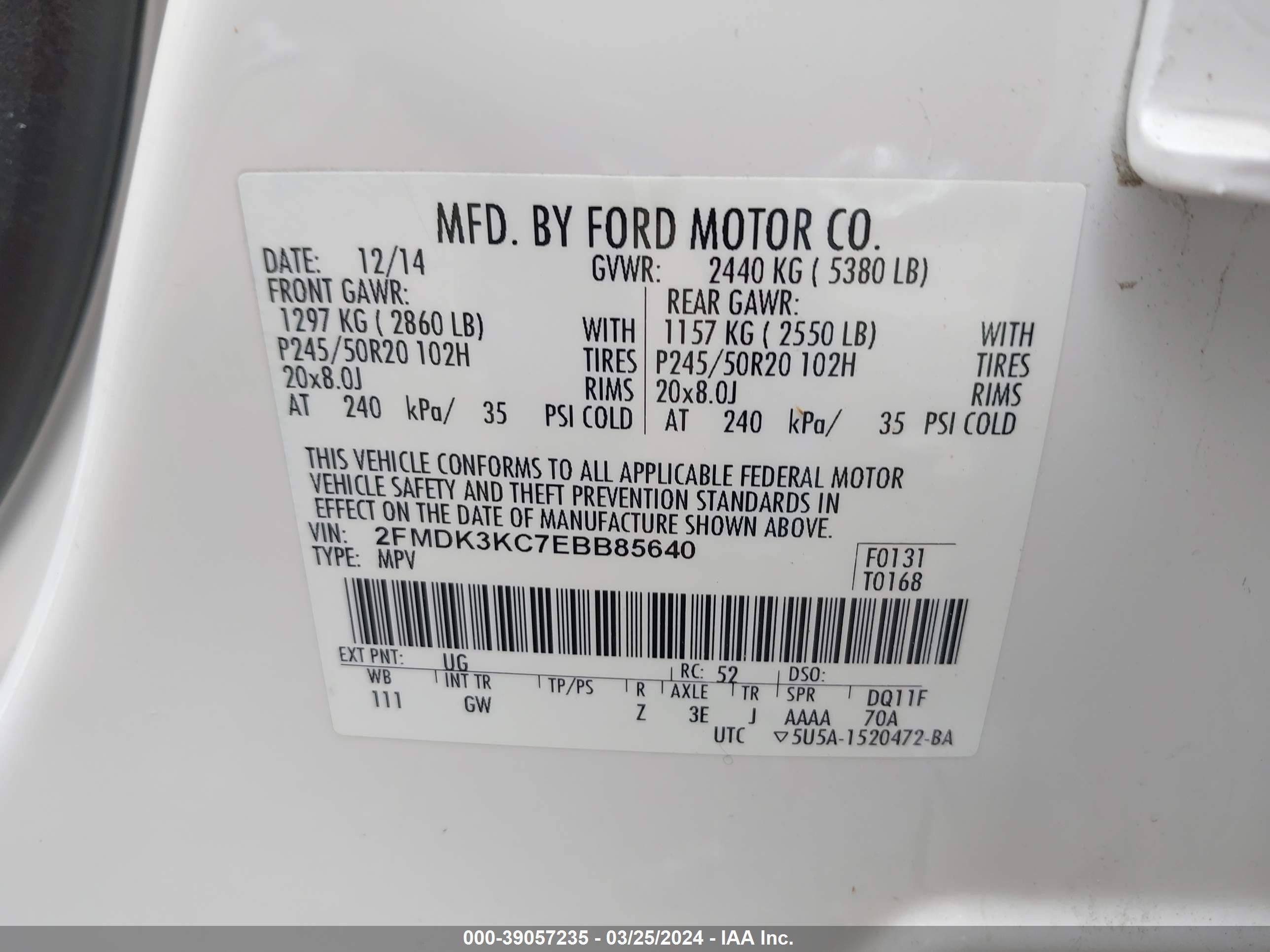 Photo 8 VIN: 2FMDK3KC7EBB85640 - FORD EDGE 