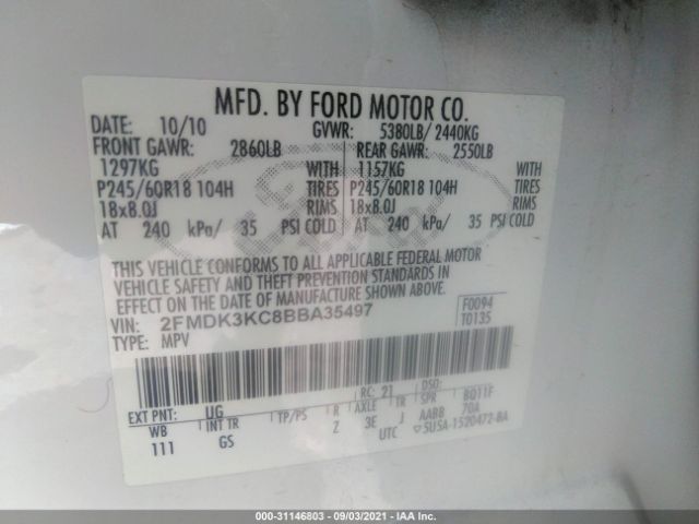 Photo 8 VIN: 2FMDK3KC8BBA35497 - FORD EDGE 