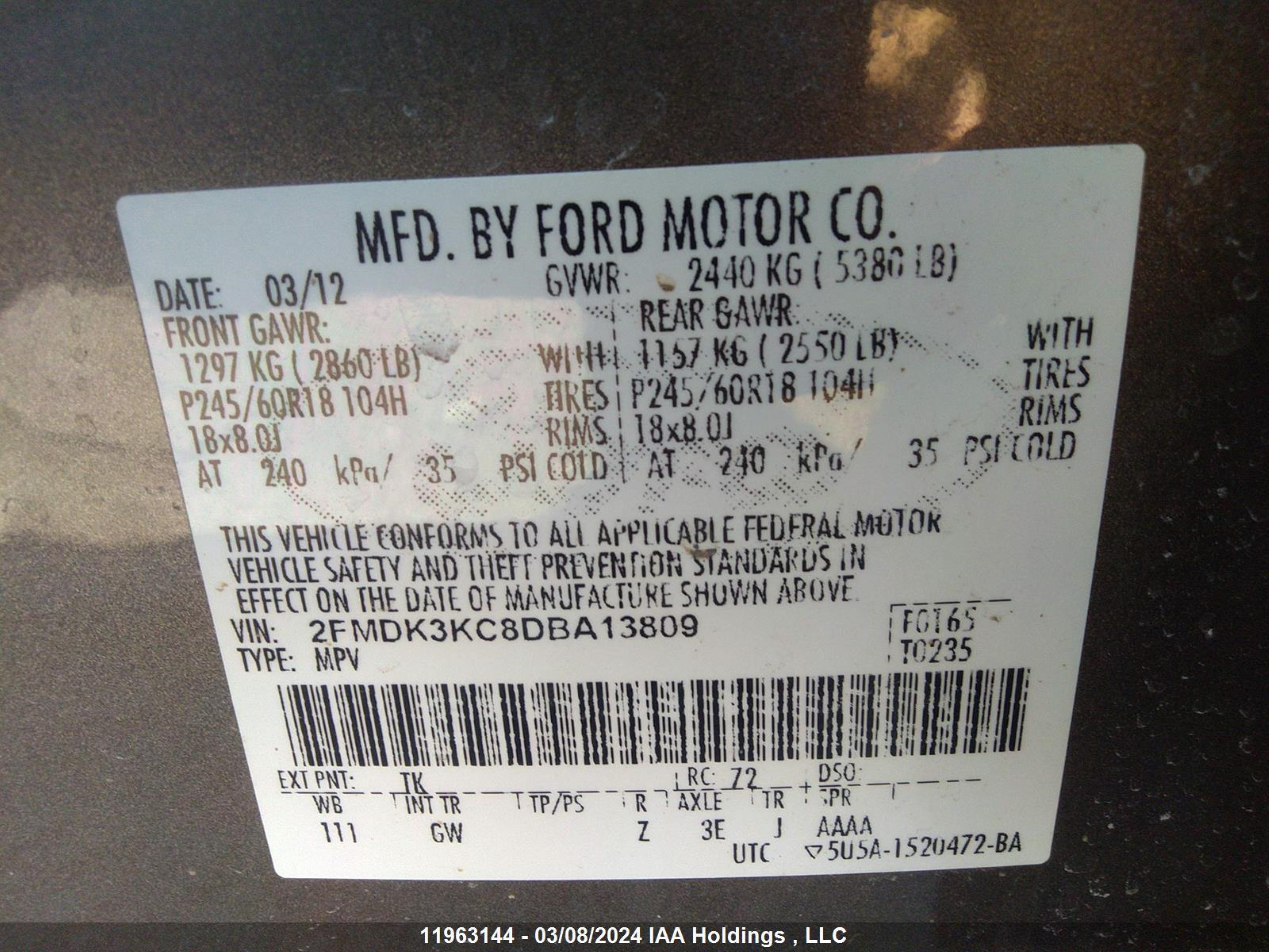 Photo 8 VIN: 2FMDK3KC8DBA13809 - FORD EDGE 